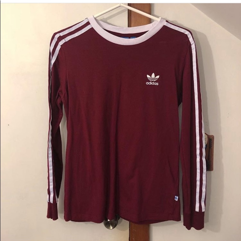 Maroon Adidas 3 Stripe Long Sleeve